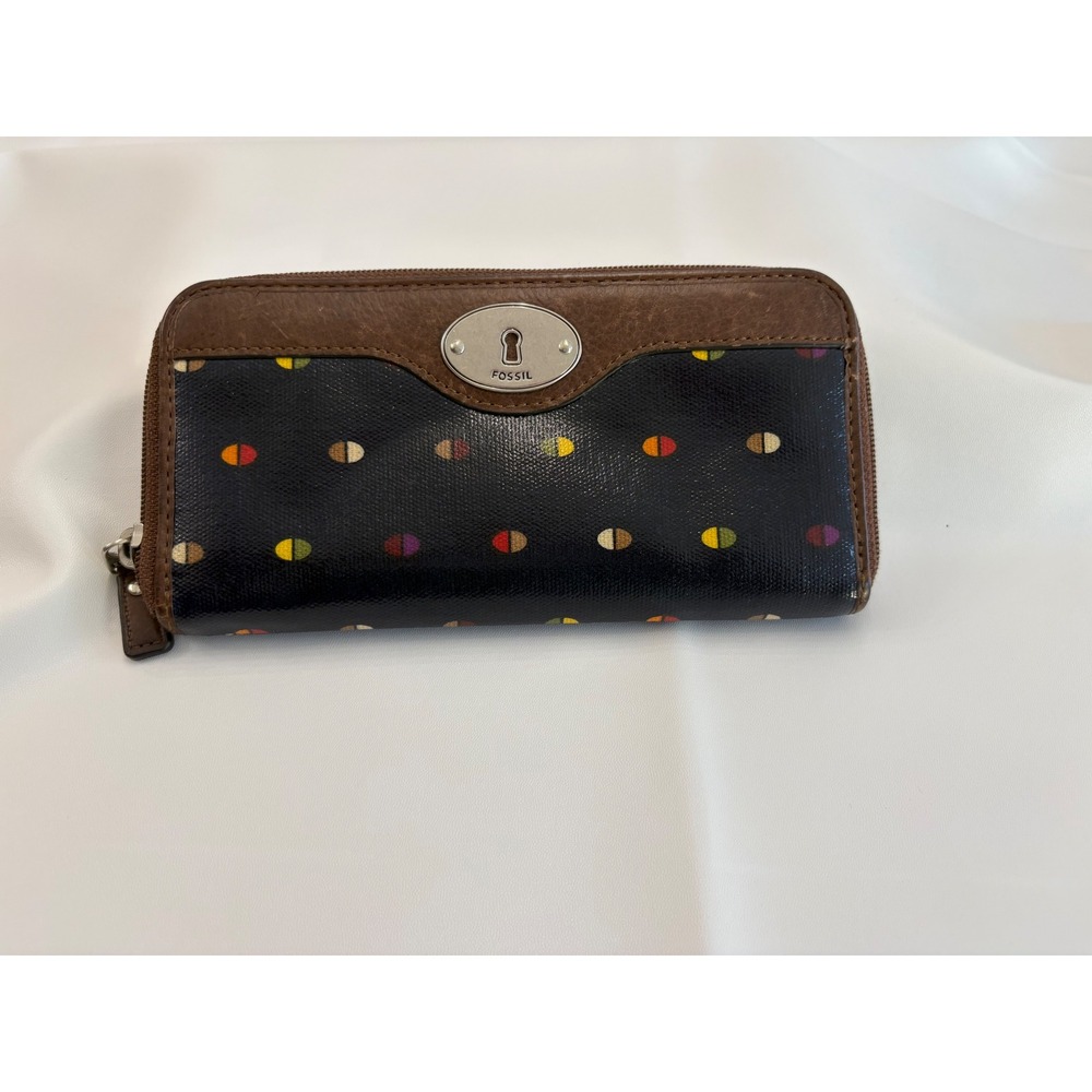 Fossil Key-Per MultiColor Tri-Fold Zip Around Canvas & Leather Wallet Clutch